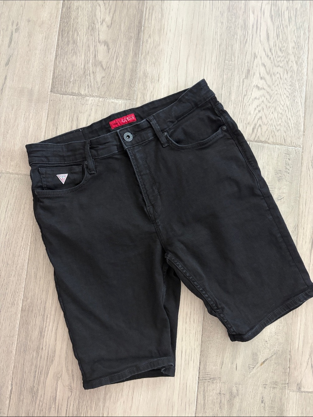 GUESS Black Denim Bermuda Shorts with Signature Triangle Logo